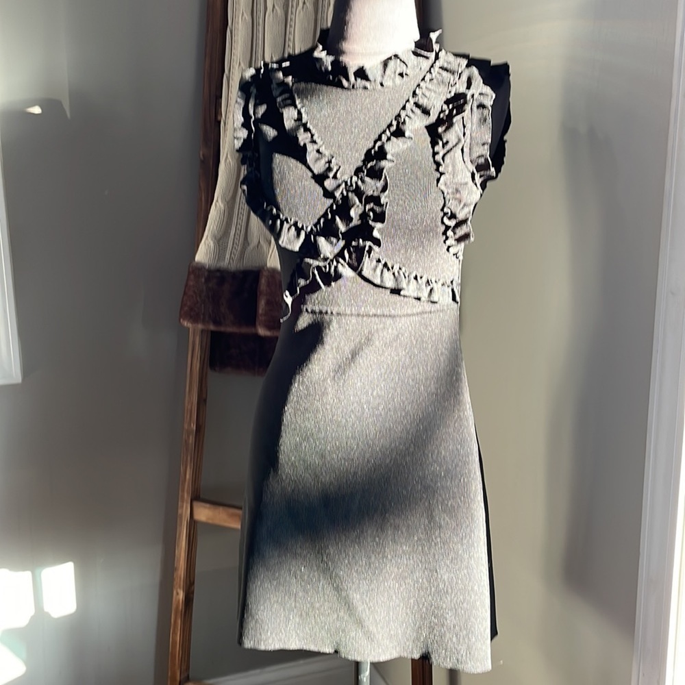 Zara black a-line knit dress with ruffle trim & decor on top front. Slight flare - Picture 13 of 14